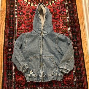 Zara Sherpa Lined Denim Bomber Hooded Jacket